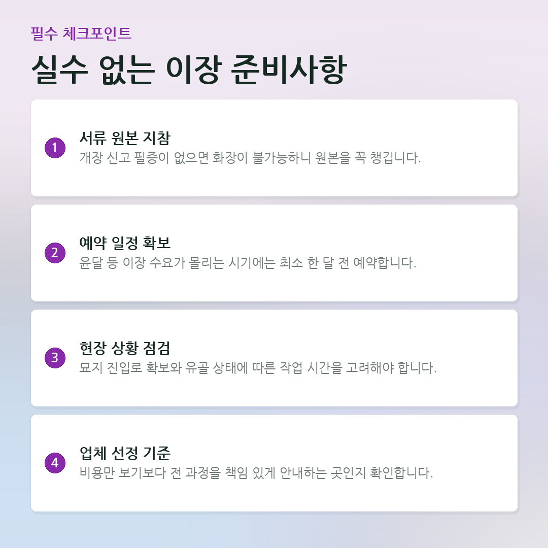 실수 없는 이장 준비사항 요약 카드